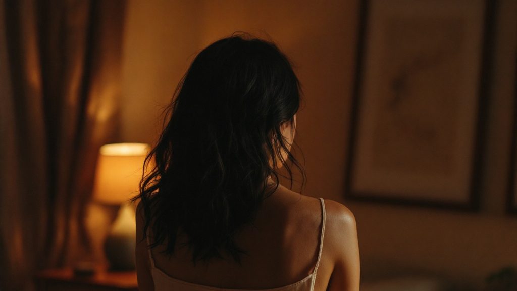 Mujer de unos 45 años sentada de espaldas en el borde de la cama, de noche, con la luz de la lamparita