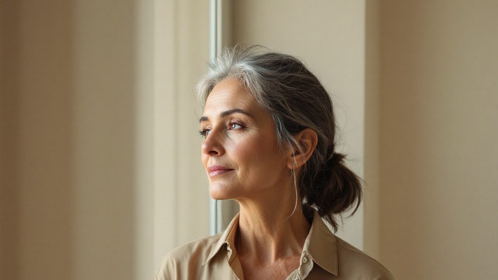 Mujer de unos 55 años con canas y el pelo recogido, de perfil junto a una ventana