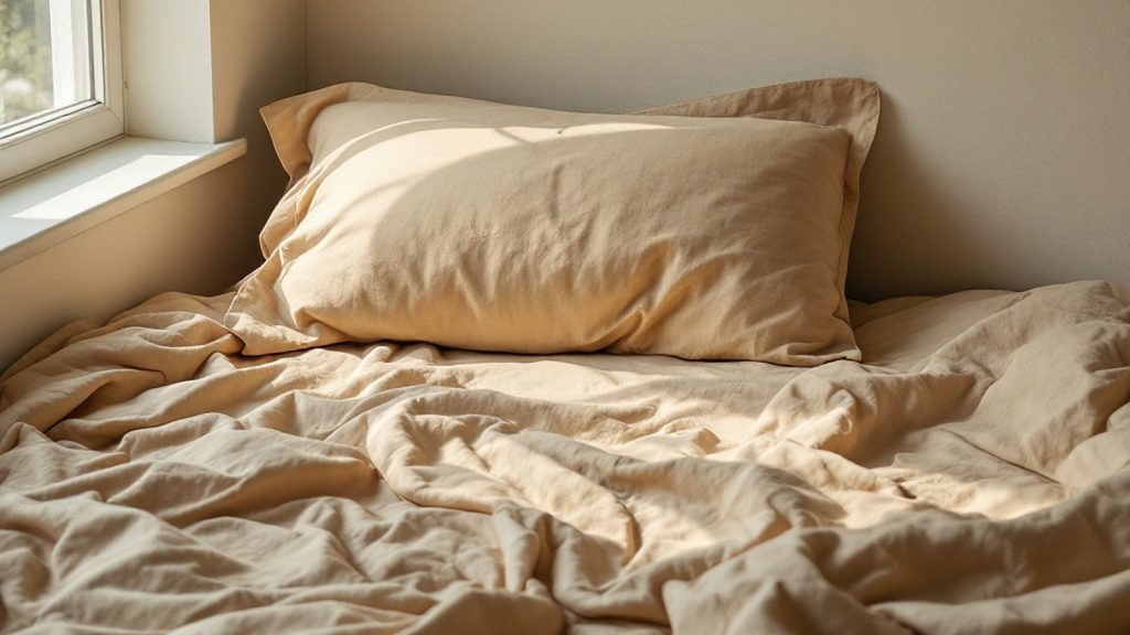 Cama deshecha con sábanas de lino en tonos arena y luz de mañana