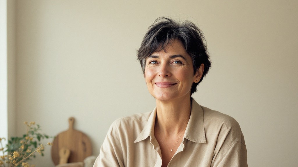 Mujer de unos 47 años con pelo corto y canas, sonriendo en una cocina luminosa