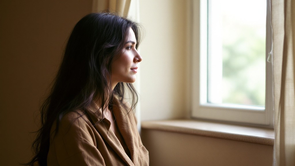 Mujer de unos 38 años mirando por la ventana con gesto sereno